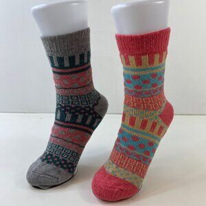 Colorful Womens Knit Crew Socks 2 Pack Fair Isle Ribbed Cuffs Gray Pink